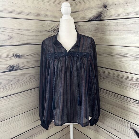 Lucky Brand Blue Striped Boho Balloon Sleeve Peasant Blouse - Picture 6 of 12